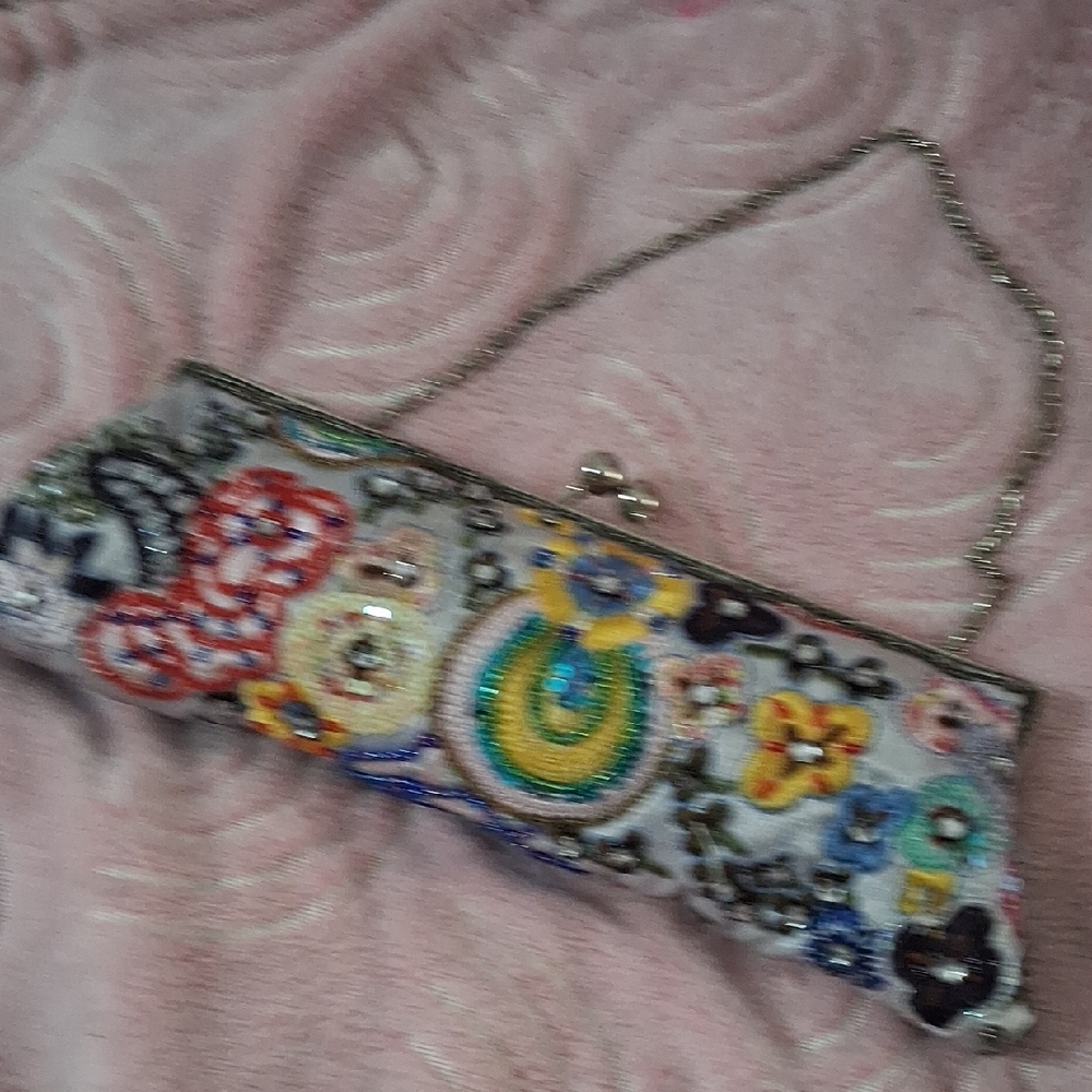 Colorful Beaded Clutch VINTAGE  10"w  x 4" H